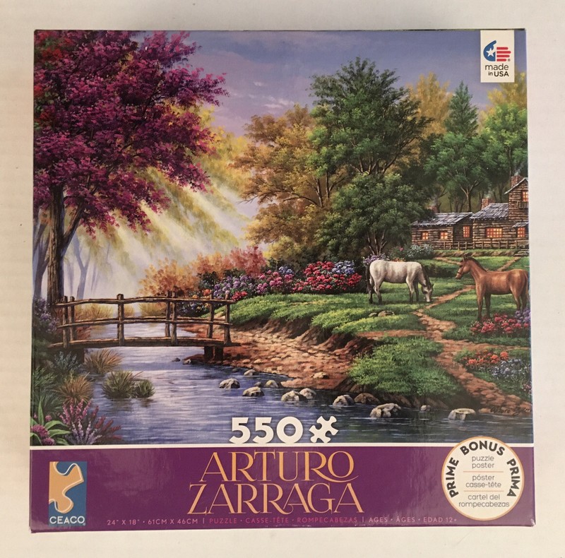 CEACO PUZZLE ARTIST ARTURO ZARRAGA HORSES BY STREAM AND CABIN 550 PIECE COMPLETE