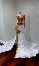 White Mermaid Prom Dresses Gold Beads Crystal Split One Shoulder Long Sleeves