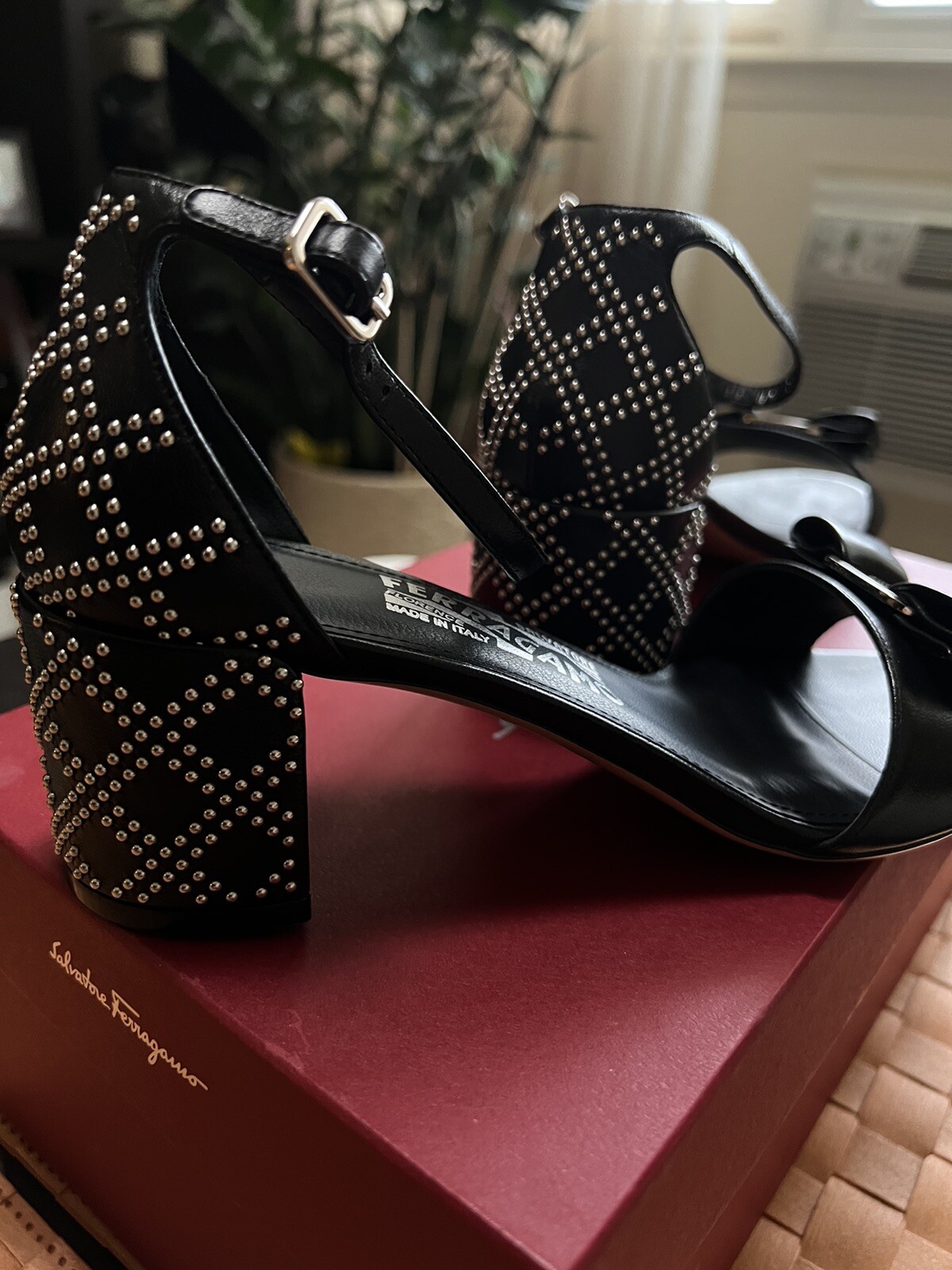 Salvatore Ferragamo Black Gavina Bow Patent Studded  Leather Sandals.Size 7C.NWB