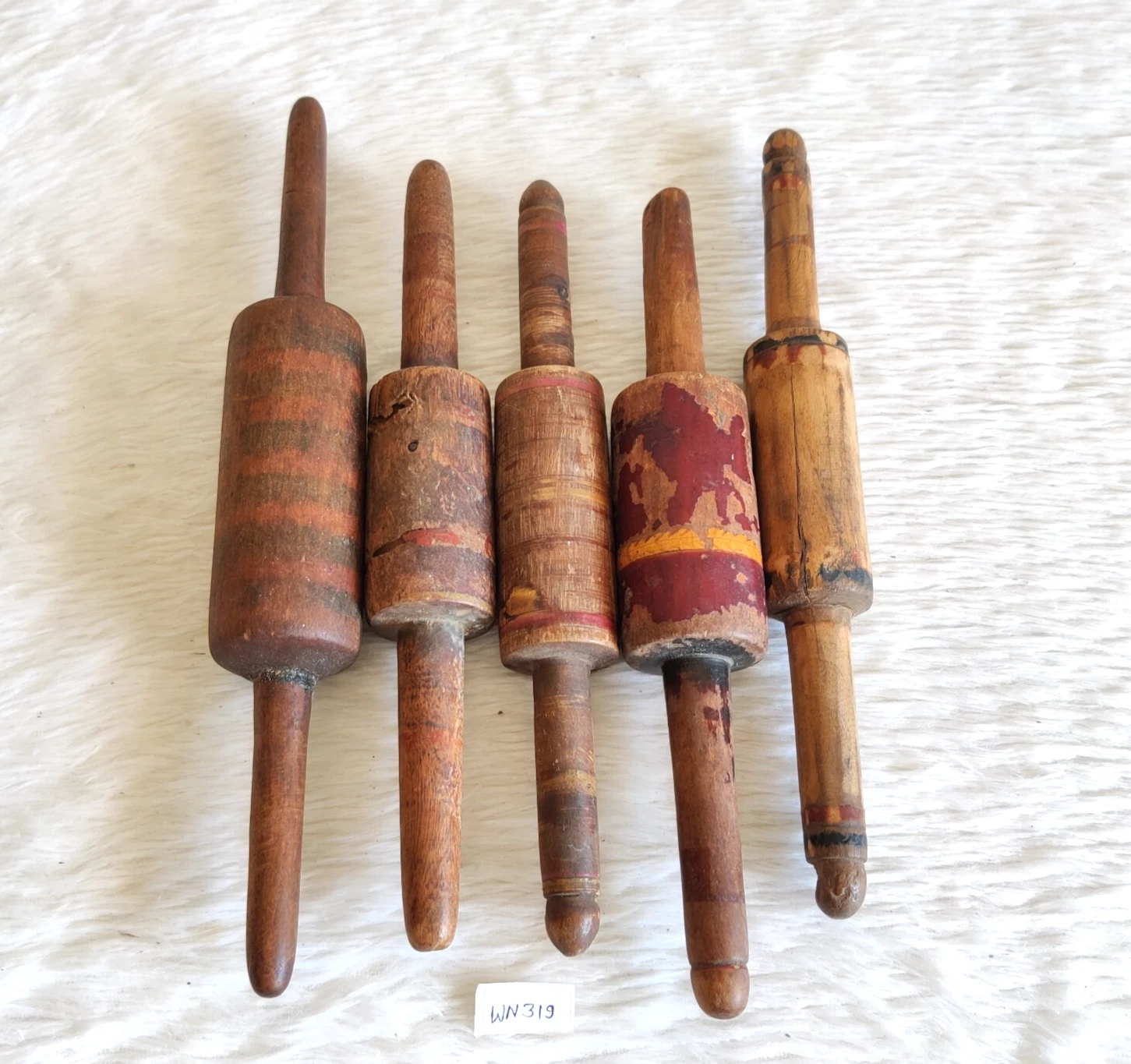 Antique Primitive Handmade Lacquered Bread Bakers Wooden Rolling Pin 5Pcs WN319
