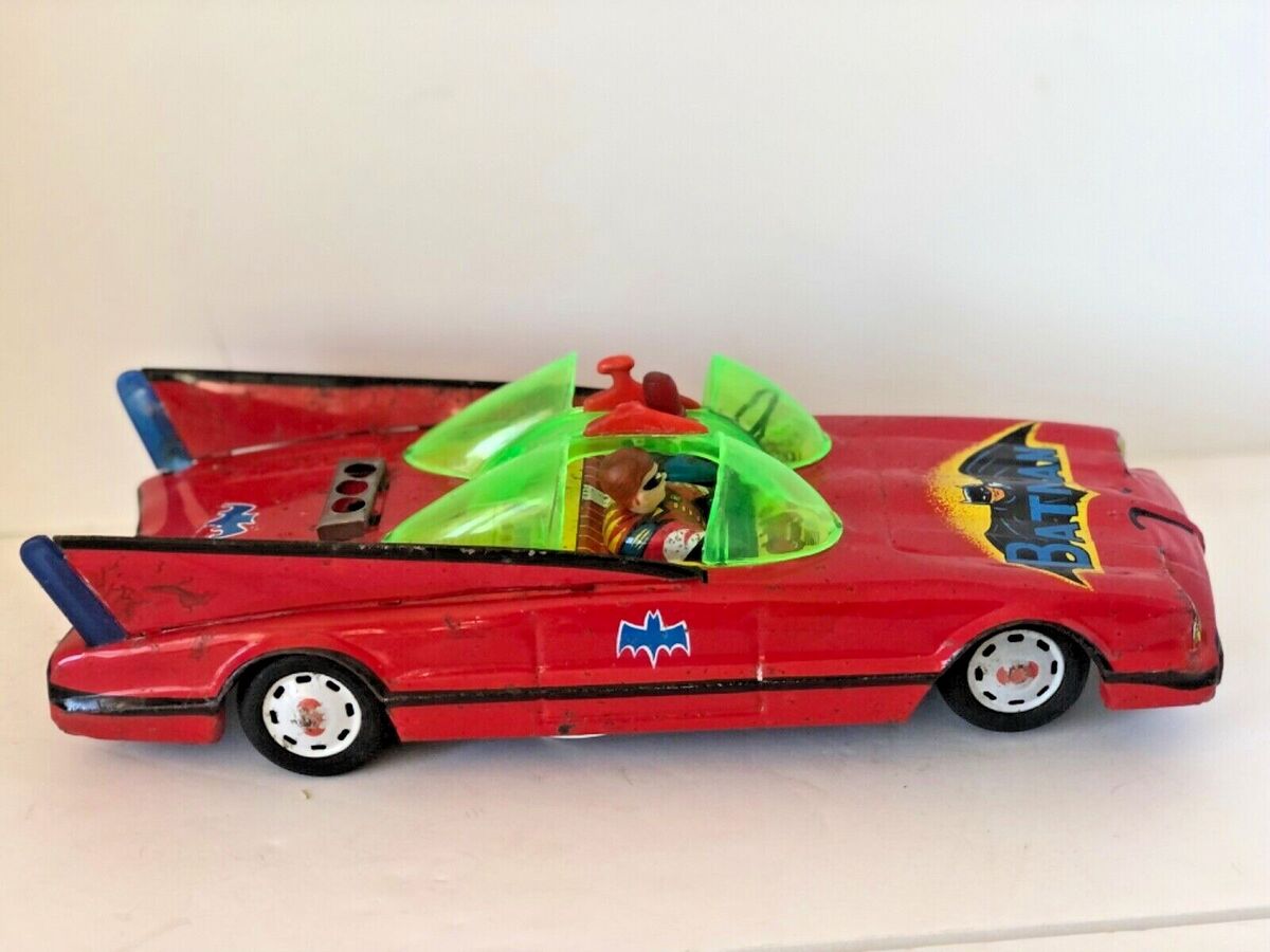 VINTAGE JAPAN AOSHIN TIN BATMOBILE BATMAN & ROBIN RARE RED TIN BATTERY TOY  1972