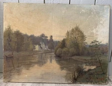 Impressionist Landscape Signed View Of Castle By The River 46 X 61 Cm