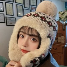 Lady Knit Faux Fur Hat Ethnic Fluffy Earflap Cap Russian Ushanka Hat Warm Winter