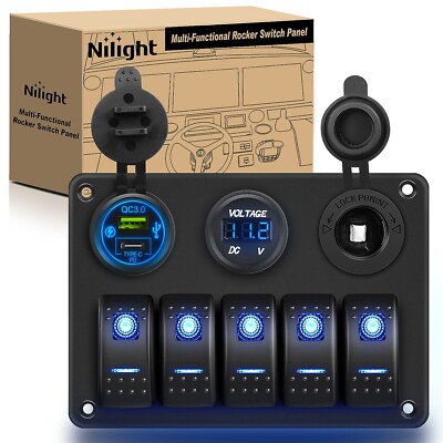 Nilight 5 Gang Rocker Switch Panel Pre-Wired Aluminum Panel with PD Type C