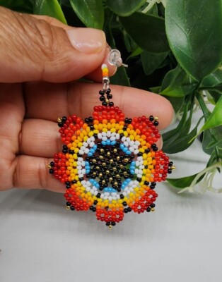 Handmade Native Flower Beaded Earrings.  Multicolor 