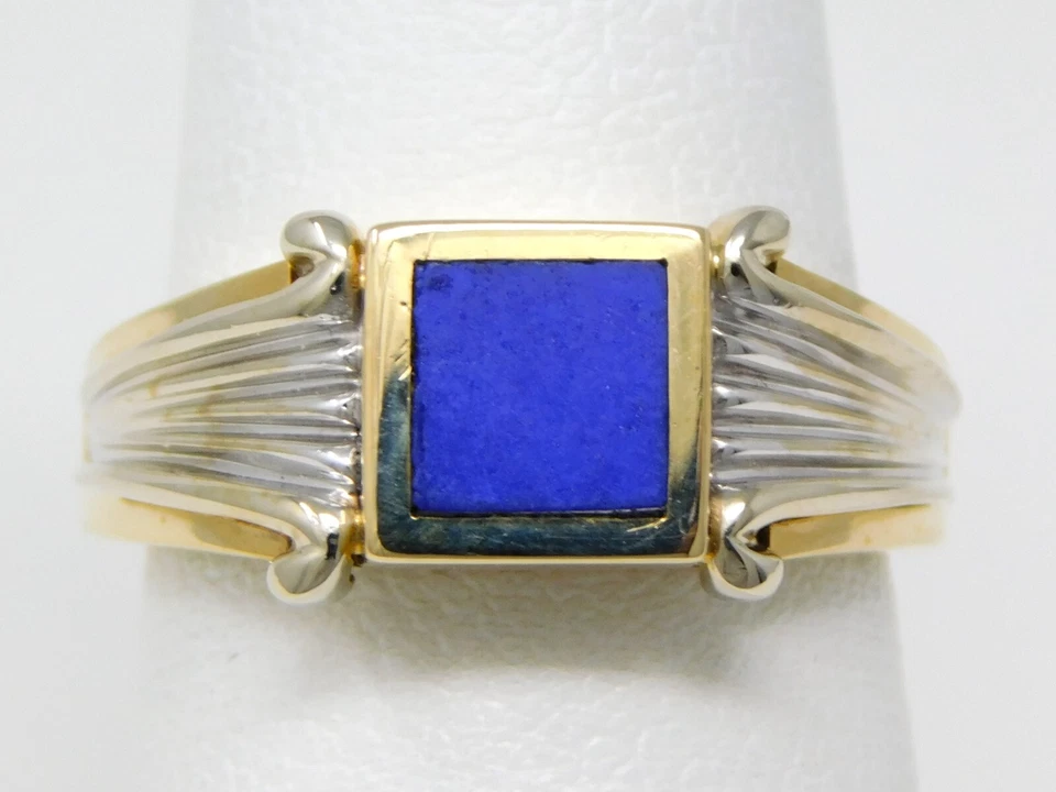 Anillo cuadrado de losa de lapislázuli de oro amarillo y blanco de 14 kt talla 6 1/4 B6069 Foto 2 de 4