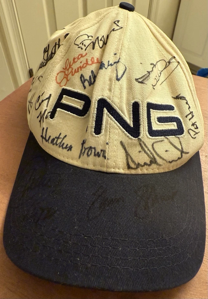Vintage PING by Karsten Signed Golf Hat White Navy Strapback 19 Signatures Rare - Image 2 of 4