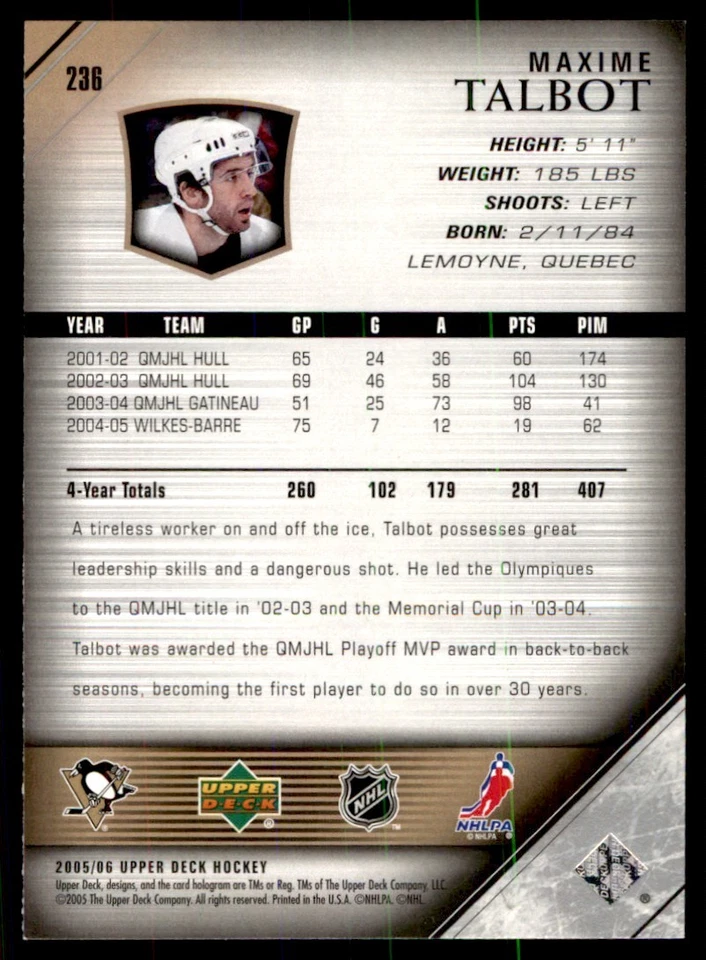 2005-06 Upper Deck Maxime Talbot RC Pittsburgh Penguins #236 - Image 2 of 2