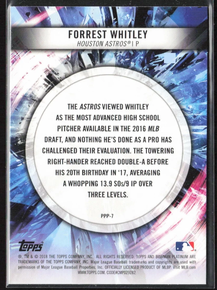 2018 Bowman Platinum #PPP-7 Forrest Whitley Prismatic Prodigies - Image 2 of 2
