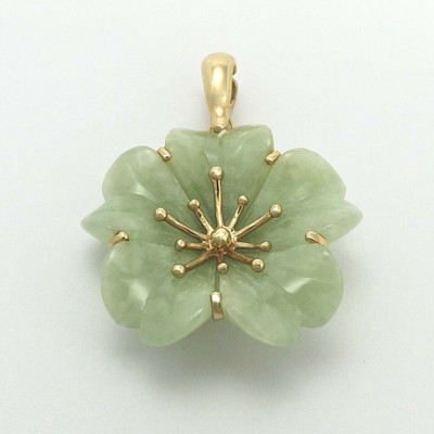 14k Gold grüne Jade geschnitzt blühende Lotusblume Charm Anhänger Perle Verstärker