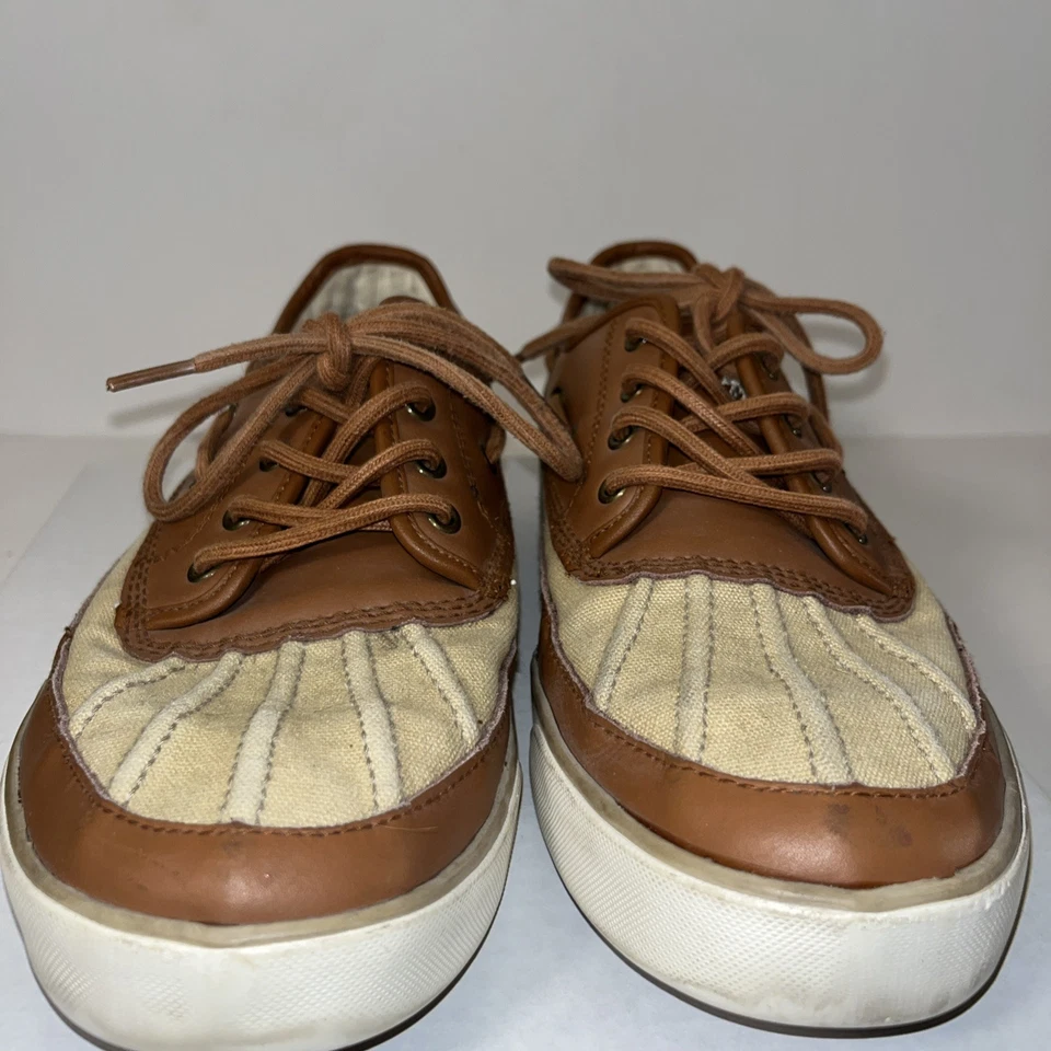 Polo Ralph Lauren Parkstone Talla Baja 10 1/2 D Cuero Tostado Lona Cubierta Barco Zapato Foto 2 de 4