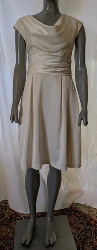 OFF WHITE Abito da sposa damigella Lela Rose Sample Off bianco drappeggio scollo cappuccio manica M