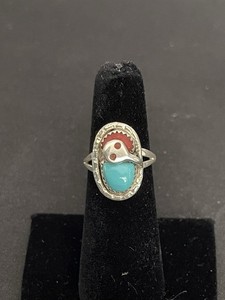 Vintage Native American Effie C Zuni Snake Ring Sterling Silver Turquoise Coral