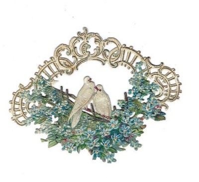 Victorian Chromo, BLUE FLORA LOVE DOVES GARLAND, Antique Die-Cut Scrap, 3.5''