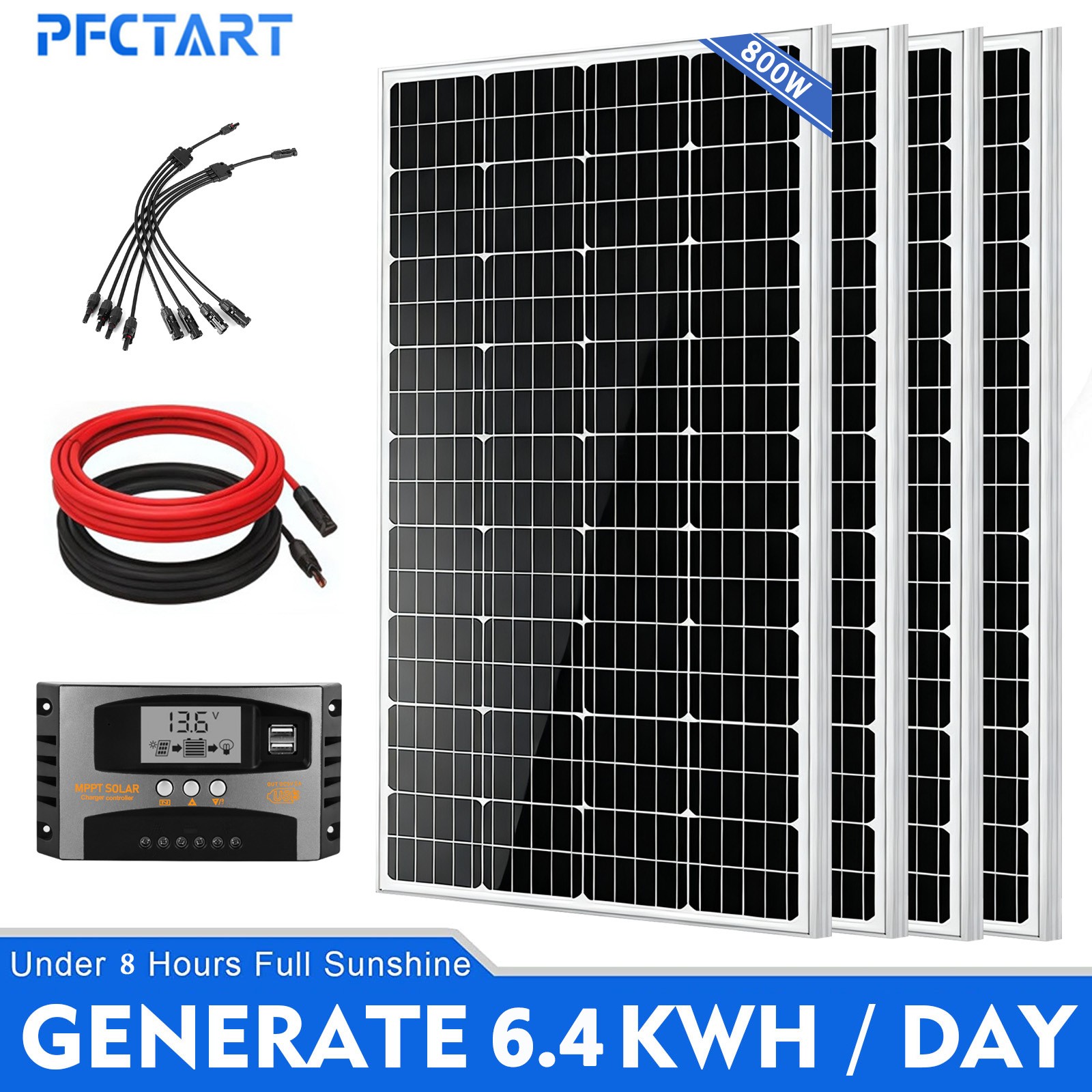 800W Watts Solar Panel Kit 60A 12V Battery Charger Home Roof