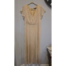 Ralph Lauren Dress Womens Size 14 Gold Sequin Beaded Tulle V-Neck Long Gown