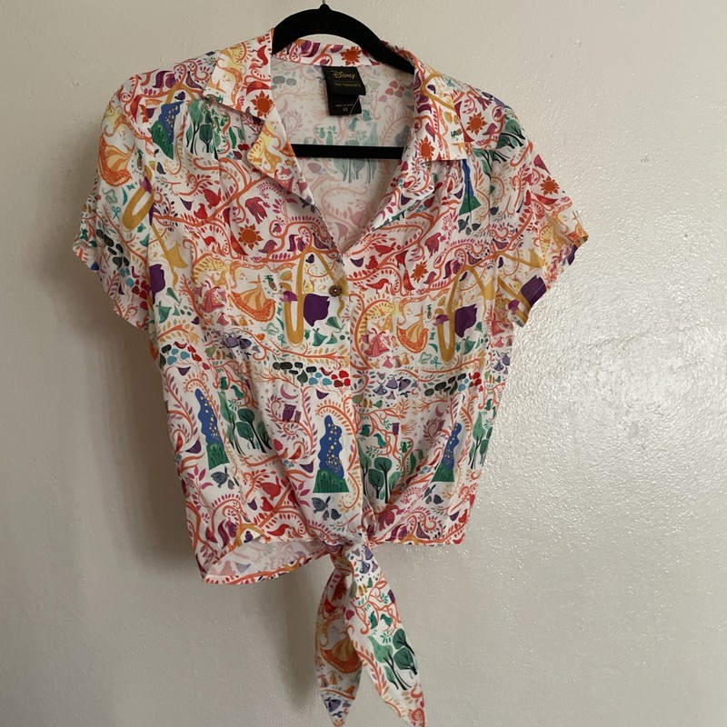 NWOT XS Disney Her Universe Tangled Paint Scene Tie Front Button Shirt Women’s 
