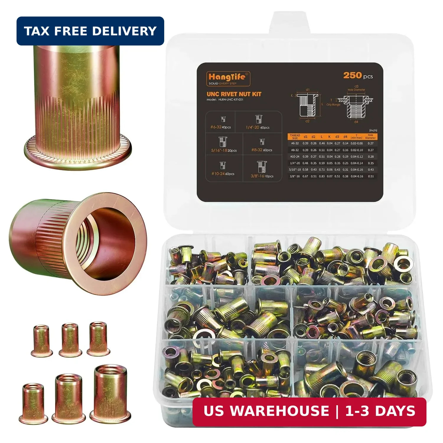 Rivet Nut Assortment Kit (250 Pcs) - UNC SAE Rivnut Threaded Insert Nuts - Inclu