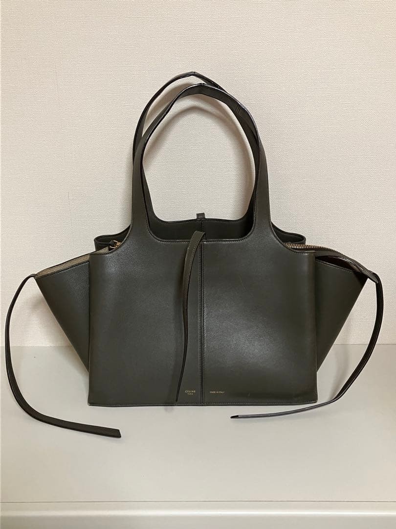 Auth CELINE Phoebe Philo Tri-Fold Medium Leather Shoulder Bag Tote Stone Gray image 2