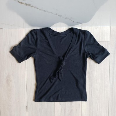 Reformation Top Womens Small Black V Neck Tie Front Short Sleeve Jersey Slim Fit