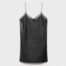 NWT Mango MNG Black Faux Leather Lace Trim Slip Dress Mini Spaghetti Straps L