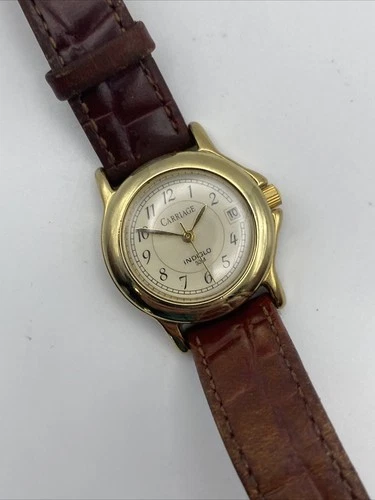 Vtg Carriage Timex Watch Women 28mm Gold Tone Date Indiglo Leather New Battery