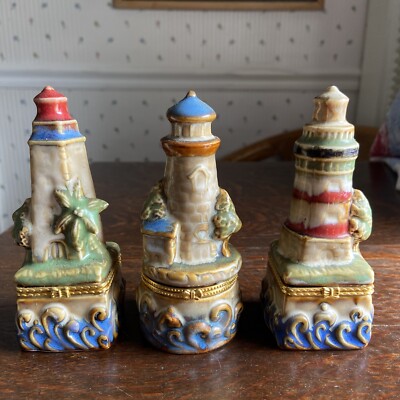 Lighthouse Ceramic Hinged Trinket Boxes 5 1/4 Inches Nautical Ocean Set of 3.