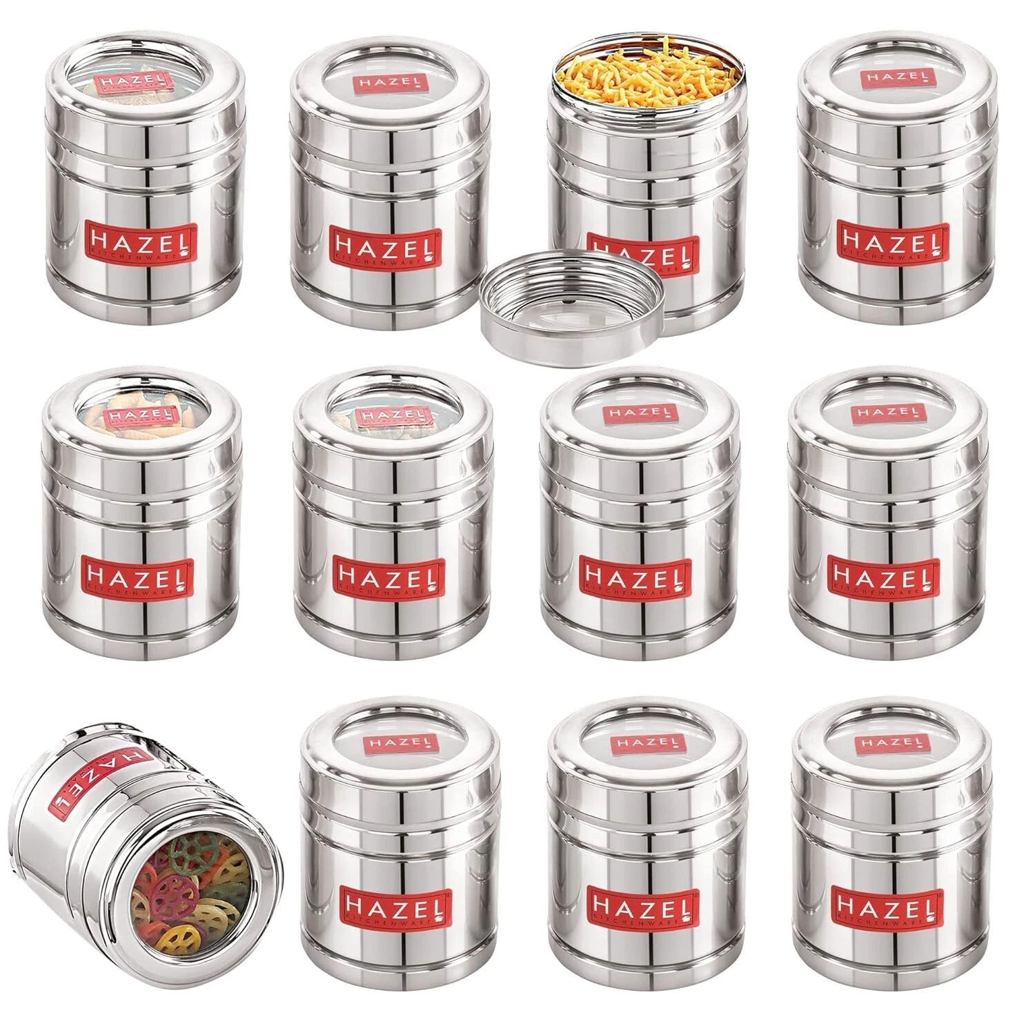 Set of 12 Stainless Steel Small Container Kitchen 500 ml Each Transparent Lid