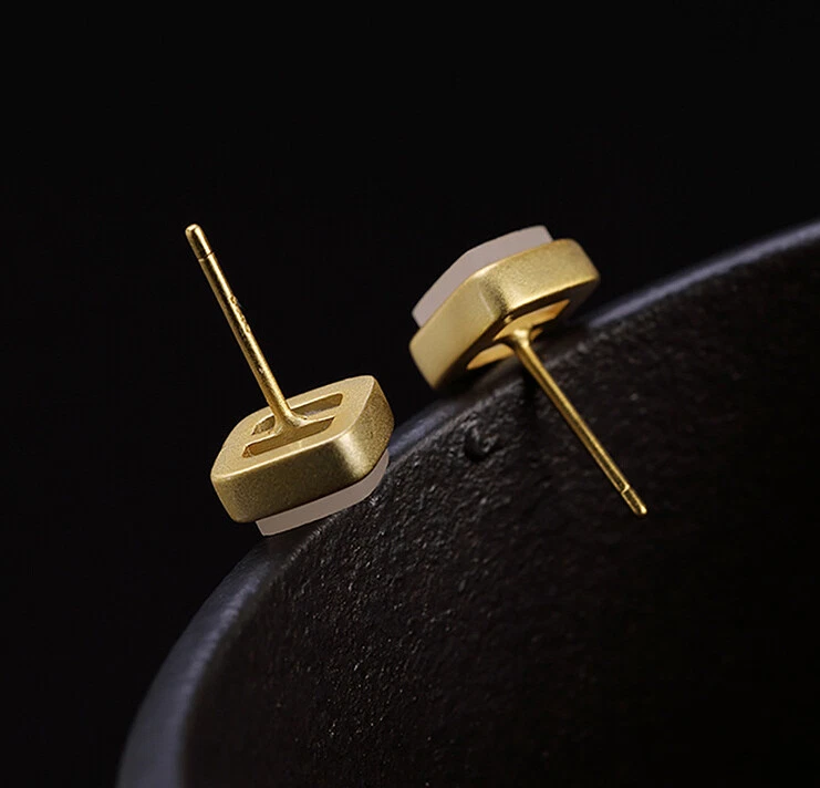 I02 Semplice Orecchini Quadrato Arrotondato Argento 925 Placcato Oro Bianco Jade - Immagine 3 di 4