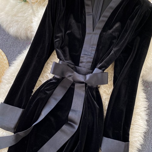 Damen Samt Kleid Maxi Gürtel V-Ausschnitt Schwarz Bodycon Langarm Elegant Party - Bild 7 von 12