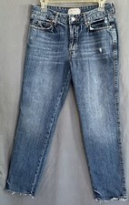 We The Free People 26 Distressed Mid Rise Raw Hem Jeans Medium Wash Straight Leg