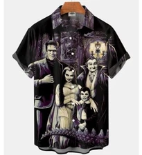Munsters Movie Frankenstein Family & Friends Print Buttoned HAWAIIAN Shirt