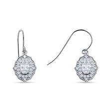 Halo Oval Fishhook Earring Cubic Zirconia 925 Sterling Silver