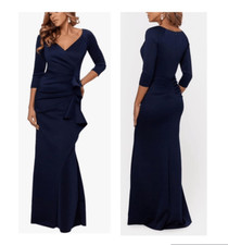 Xscape Women's Long 3/4 Sleeve V-Neck Side Ruched Gown