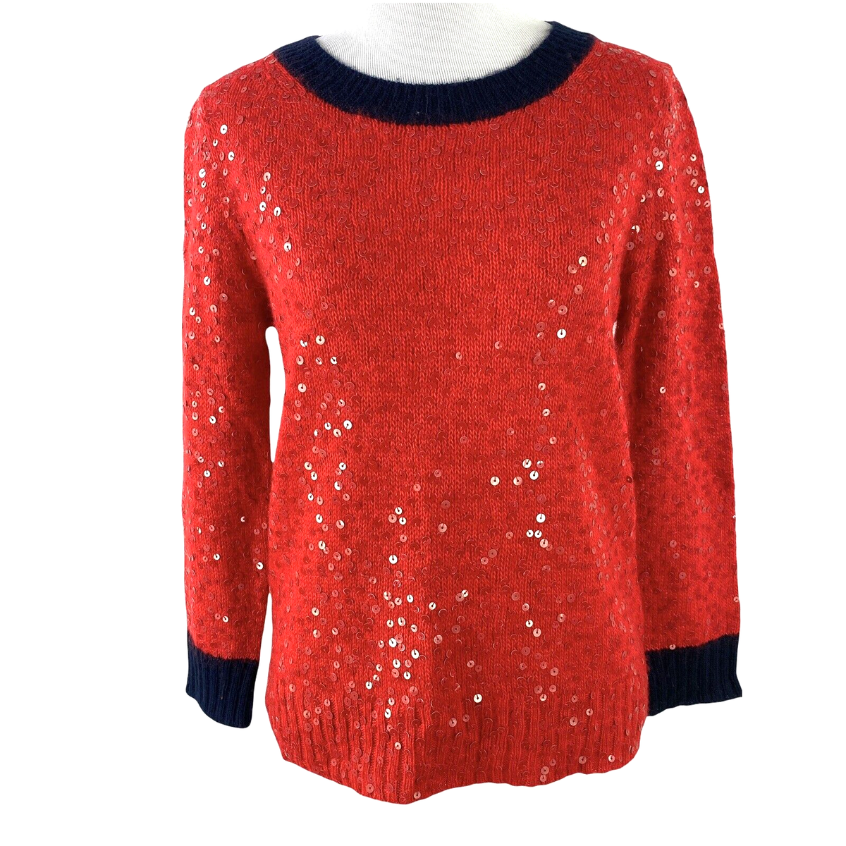 J Crew Women's Scattered Red/Blue Holiday Wool/Mohair Blend Sequin