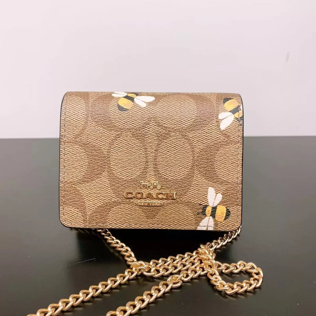 Coach Brown/Black Signature Canvas Mini Wallet On A Chain Coach