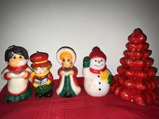 VINTAGE LOT 5 HOLIDAY CANDLES 7 RED TREE 5.25 SNOWMAN 3 5 CAROLERS