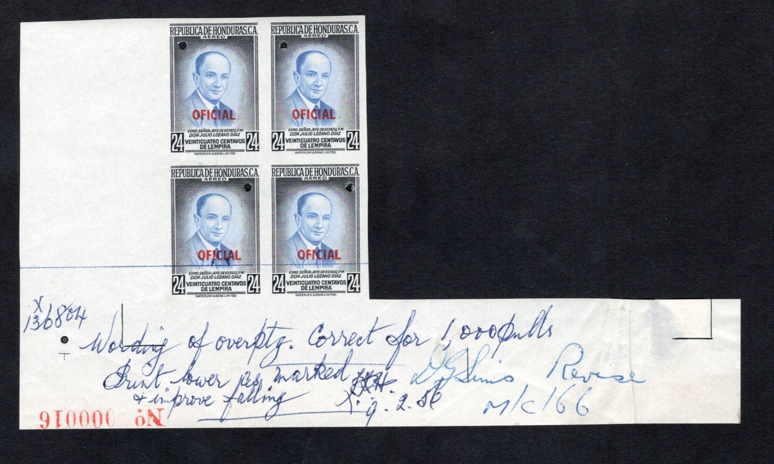 Honduras 1956 block of stamps Mi#Dienst 180 Official PROOF RR MNH