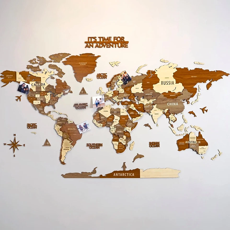 Mapa del mundo de madera 3D, mapa de viaje multicapa con estados y capitales, mapa de pared Foto 2 de 4