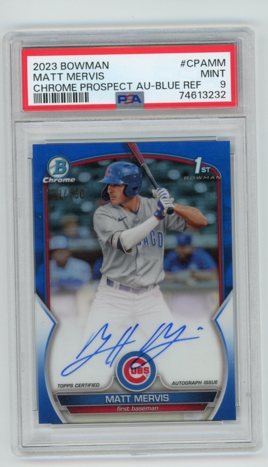 2023 Bowman Chrome Matt Mervis 1st Prospect Blue Refractor Auto /150 PSA 9 Cubs