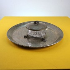 centrotavola vintage composto da vassoio in peltro ciotola in vetro molato co...