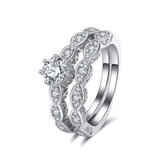 Nickie Wedding Ring Set Engagement Ring Matching Band CZ Womens Ginger Lyne C...