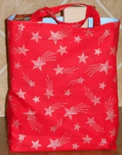 Grocery Tote Stars Red Patriotic Silver Glittery Liner Shopping Bag Handmade