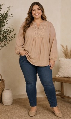 Nine West Beige Solid V-Neck Long Sleeve Lace Yoke Pullover Blouse Women's XL