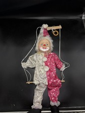 Vintage Clown Marionette Puppet on Swing Pink White Gold Fabric Wooden Control