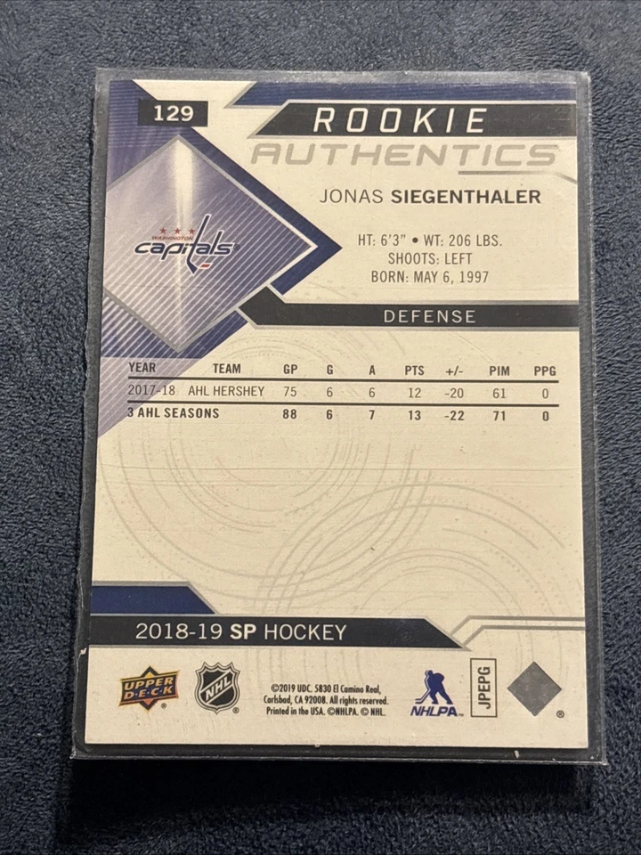 2018-19 SP Rookie Authentics Jonas Siegenthaler #129 Blue IP Signed Autographed - Image 4 of 4