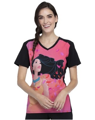 Cherokee Tooniforms Disney Pocahontas Women's L 1-Pocket V-Neck Print Scrub Top