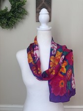 Vintage Echo Womens 100 Silk Rectangle Scarf Purple Multicolor Flowers