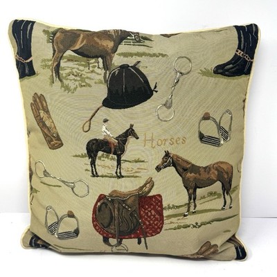 Signare Tapestry Throw Pillow Equestrian Horses Riders Bits Saddles 17  X 17 