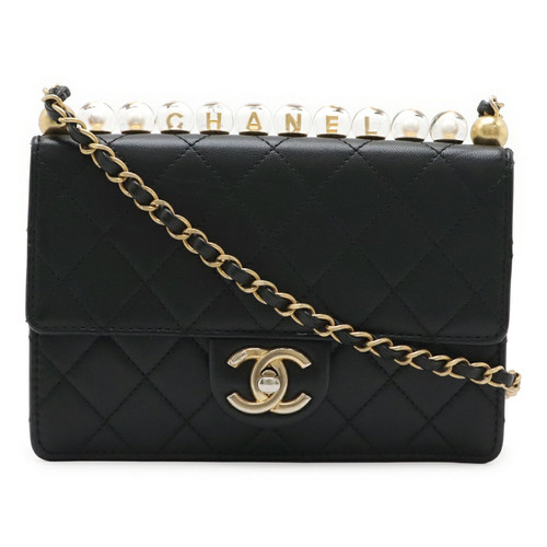 Chanel Matelasse Coco Clear Pearl Chain Shoulder Bag Flap Goatskin Black r0_0612